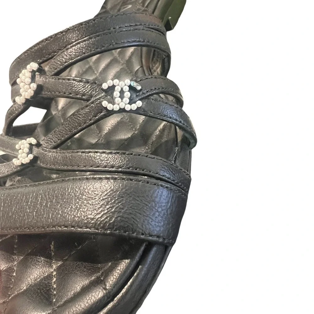Chanel 2019 Quilted CC Pearl Leather Slide Sandals Black 36.5